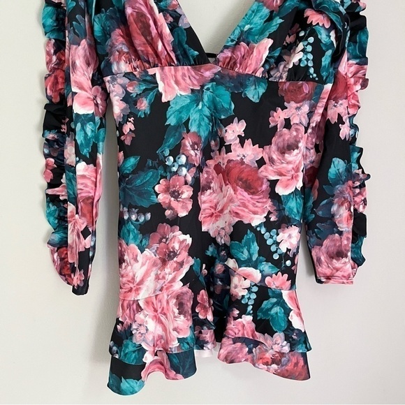 NEW ASOS Plunge Frill Sleeve Mini Dress in Pink and Blue Rose‎ Floral Size 12 - Picture 10 of 14